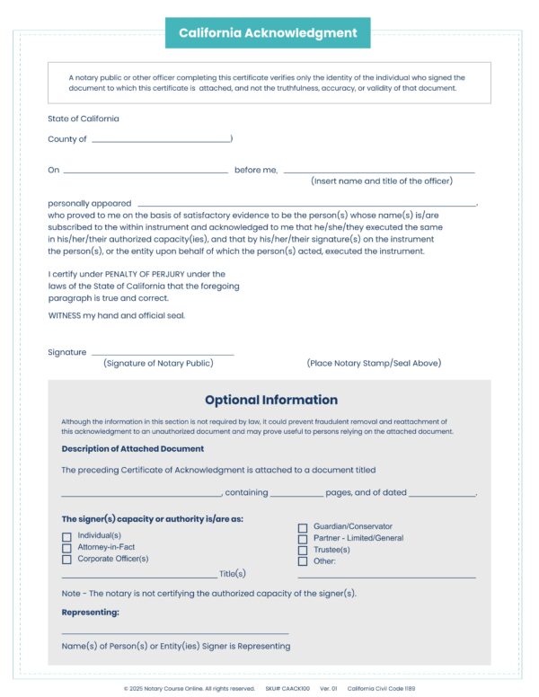 California Acknowledgment Form Detail